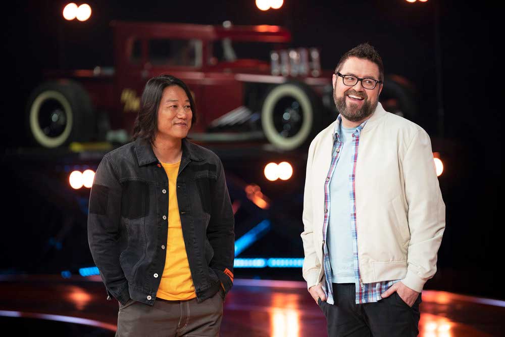 Sung Kang and Rutledge Wood together during Hot Wheels: Ultimate Challenge.