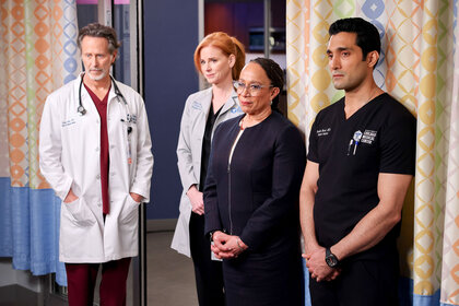 Pictured: (l-r) Steven Weber as Dr. Dean Archer, Sarah Rafferty as Dr. Pamela Blake, S. Epatha Merkerson as Sharon Goodwin, Dominic Rains as Crockett Marcel