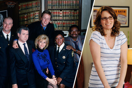 Split image of the original Night Court cast and Tina Fey in 30 Rock