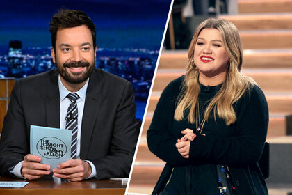 Split image of Kelly Clarkson and Jimmy Fallon