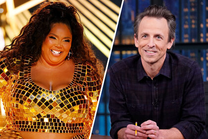 Split image of Lizzo and Seth Meyers