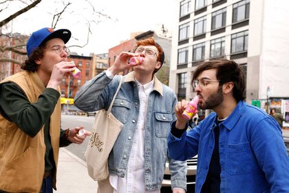 Martin Herlihy, Ben Marshall, and John Higgins during the Please Don't Destroy sketch.