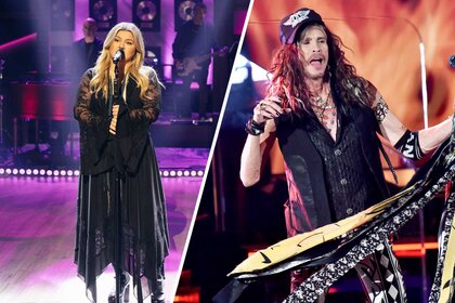 Split image of Kelly Clarkson and Steven Tyler from Aerosmith.