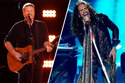 Split image of Blake Shelton and Steven Tyler performing.