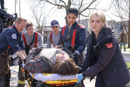 Randy “Mouch” McHolland (Christian Stolte), Carver (Jake Lockett), Blake Gallo (Alberto Rosende), Shep (Eric Peterson), Stella Kidd (Miranda Rae Mayo), and Sylvie Brett (Kara Killmer) appear in a scene from Chicago Fire.