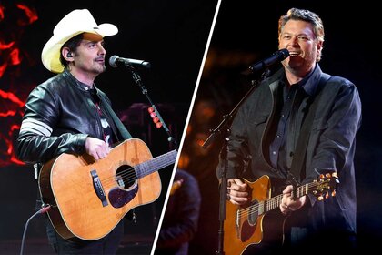 Split image of Brad Paisley and Blake Shelton.