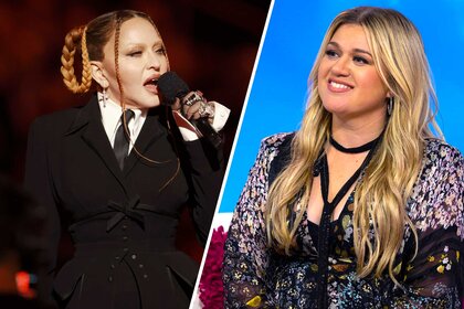 Split images of Madonna and Kelly Clarkson.