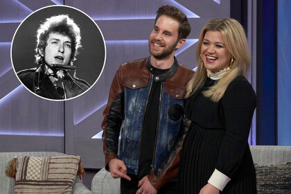 Kelly Clarkson and Ben Platt on the kelly clarkson show with an inset of Bob Dylan