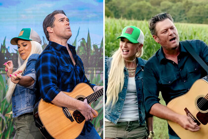 Split of Peter Alexander and Laura Jarret dressed as Blake Shelton and Gwen Stefani and Blake Shelton and Gwen Stefani in the 'Happy Anywhere' music video