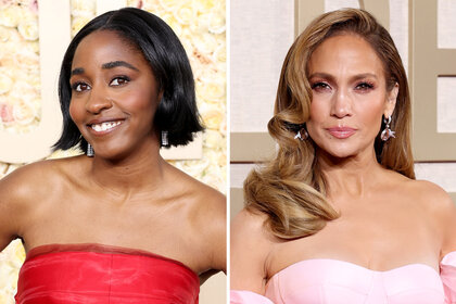 A split of Ayo Edebiri and Jennifer Lopez at the golden globes