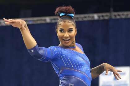 Jordan Chiles during a floor routine at the University of Washington at UCLA Pauley Pavilion