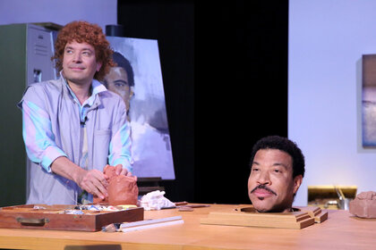 Tonight Show host Jimmy Fallon and musician Lionel Richie during the "Hello" skit on September 18, 2015