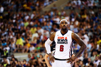 LeBron James looks on during a Pre-Olympic Men's Exhibition Game between USA and Argentina