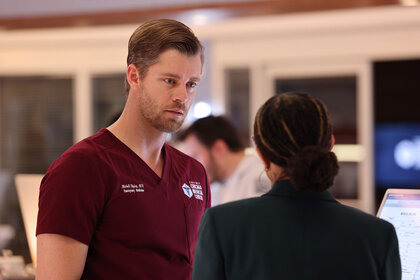 Mitch Ripley and Sharon Goodwin talk in Chicago Med Season 9 Episode 13