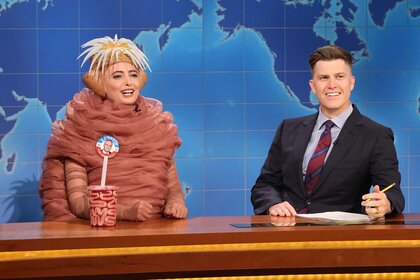 Sarah Sherman and Colin Jost during the weekend update on Saturday Night Live Episode 1863