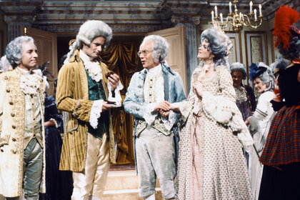 Harry Shearer as Lord Salisbury, Bill Murry as Earl of Sandwich, Buck Henry as Lord Douchebag, Gilda Radner as Lady Douchebag during "Lord & Lady Douchebag" skit on Saturday Night Live