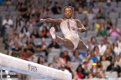 Simone Biles during her beam routine during the 2024 Xfinity U.S. Gymnastics Championships
