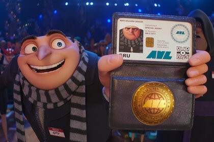 Gru (Steve Carell) holds out an ID in Despicable Me 4 (2024).