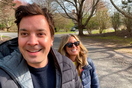 Jimmy Fallon and wife Nancy Juvonen go for a walk on a special edition of The Tonight Show