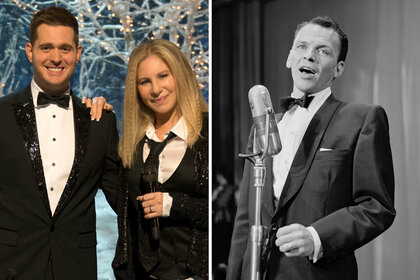 A split of Michael Buble and Barbra Streisand together and Frank Sinatra