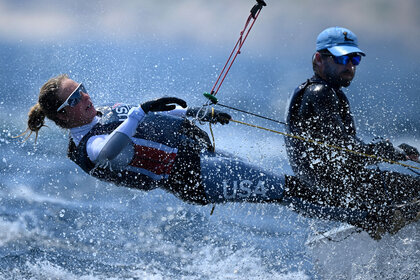Stu McNay and Lara Dallman-Weiss of USA in action in their Mixed 470 Class Dinghy during a practice session