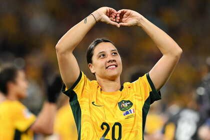 Sam Kerr of Australia celebrates her team's victory through the penalty shoot out during the FIFA Women's World Cup