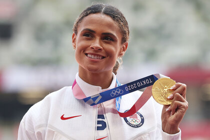 Sydney McLaughlin of Team United States poses during the medal ceremony for the Women's 400m Hurdles Final on day twelve of the Tokyo 2020 Olympics