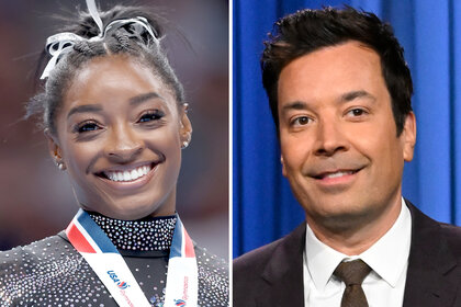 A split of Simone Biles and Jimmy Fallon