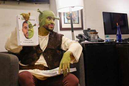 Bad Bunny dressed as Shrek during a sketch on Saturday Night Live