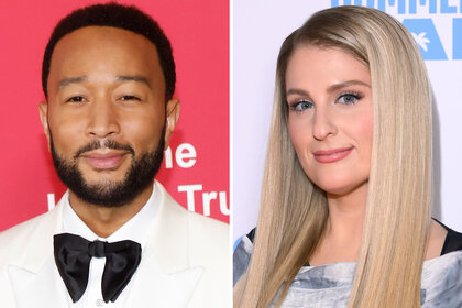 A split of John Legend and Meghan Trainor