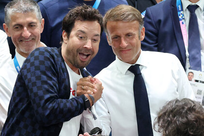 Jimmy Fallon and French President Emmanuel Macron attend the Men's Gold Medal Basketball game between Team France and Team United States