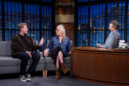 Will Ferrell and Harper Steele during an interview with host Seth Meyers