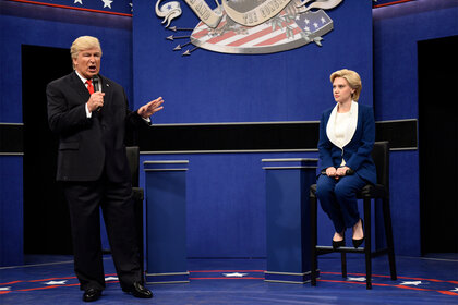 Alec Baldwin as Donald Trump and Kate McKinnon as Hillary during a sketch on SNL