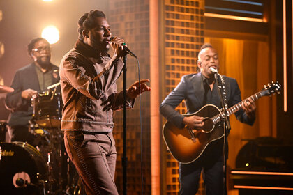 Close up of Leon Bridges performing on The Tonight Show