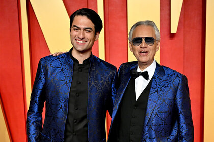 Matteo Bocelli and Andrea Bocelli attend the 2024 Vanity Fair Oscar Party