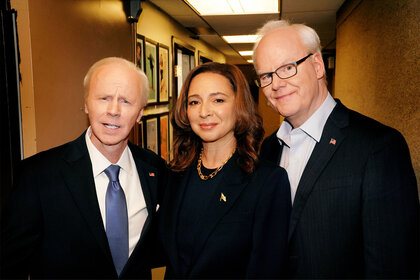 Dana Carvey, Maya Rudolph, and Jim Gaffigan pose together backstage at SNL as their character