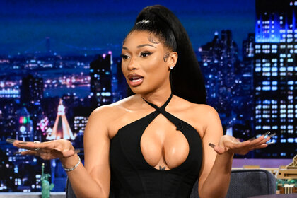 Megan Thee Stallion talking with her hands on The Tonight Show Starring Jimmy Fallon Season 12 Episode 15