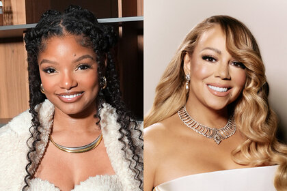 Split of Halle Bailey and Mariah Carey both wearing white dresses