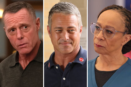 a split of Hank Voight, Kelly Severide and Sharon Goodwin