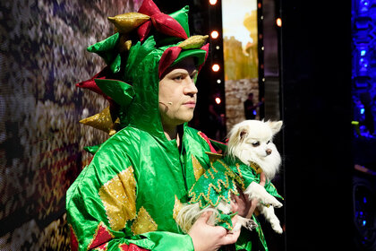 Piff the Magic Dragon with Mr. Piffles before going on stage on America's Got Talent: The Champions.