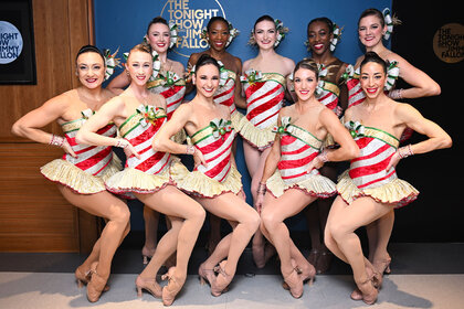 The Radio City Rockettes pose together backstage at The Tonight Show Starring Jimmy Fallon