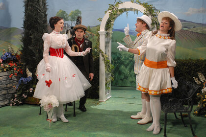 Anne Hathaway during a mary poppins skit on Saturday Night Live Season 34 Episode 4