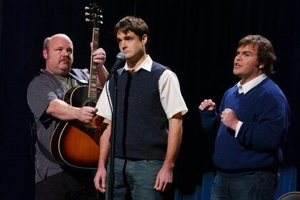 Kyle Gass, Will Forte as Daniel Strong, and Jack Black during the "Spelling Bee" skit on Saturday Night Live in 2005