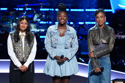 Chrisdeo, Mikaela Ayira and Torre Blake stand on stage together on the voice season 26 episode 14