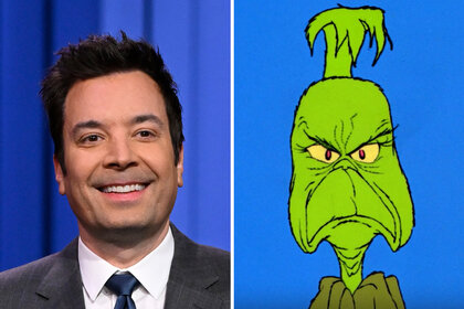 A split of Jimmy Fallon and THE TONIGHT SHOW STARRING JIMMY FALLON -- Episode 2064 -- Pictured: (l-r) on Thursday, December 5, 2024 -- (Photo by: Todd Owyoung/NBC)The Grinch