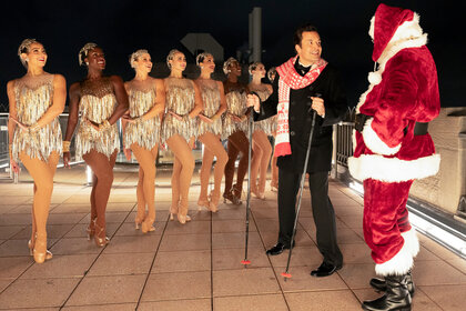 Jimmy Fallon and The Rockettes on a rooftop