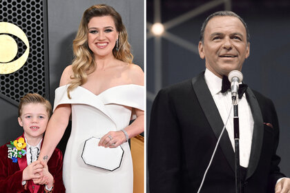 A split of Kelly Clarkson holding her son Remington's hand and Frank Sinatra