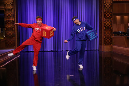 Mike Myers and jimmy fallon dance together on the tonight show starring Jimmy Fallon