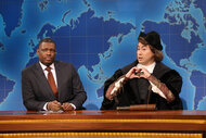 Michael Che and Bowen Yang during weekend update on Saturday Night Live