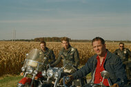 Boyd Holbrook as Cal, Austin Butler as Benny and Tom Hardy as Johnny in The Bikeriders